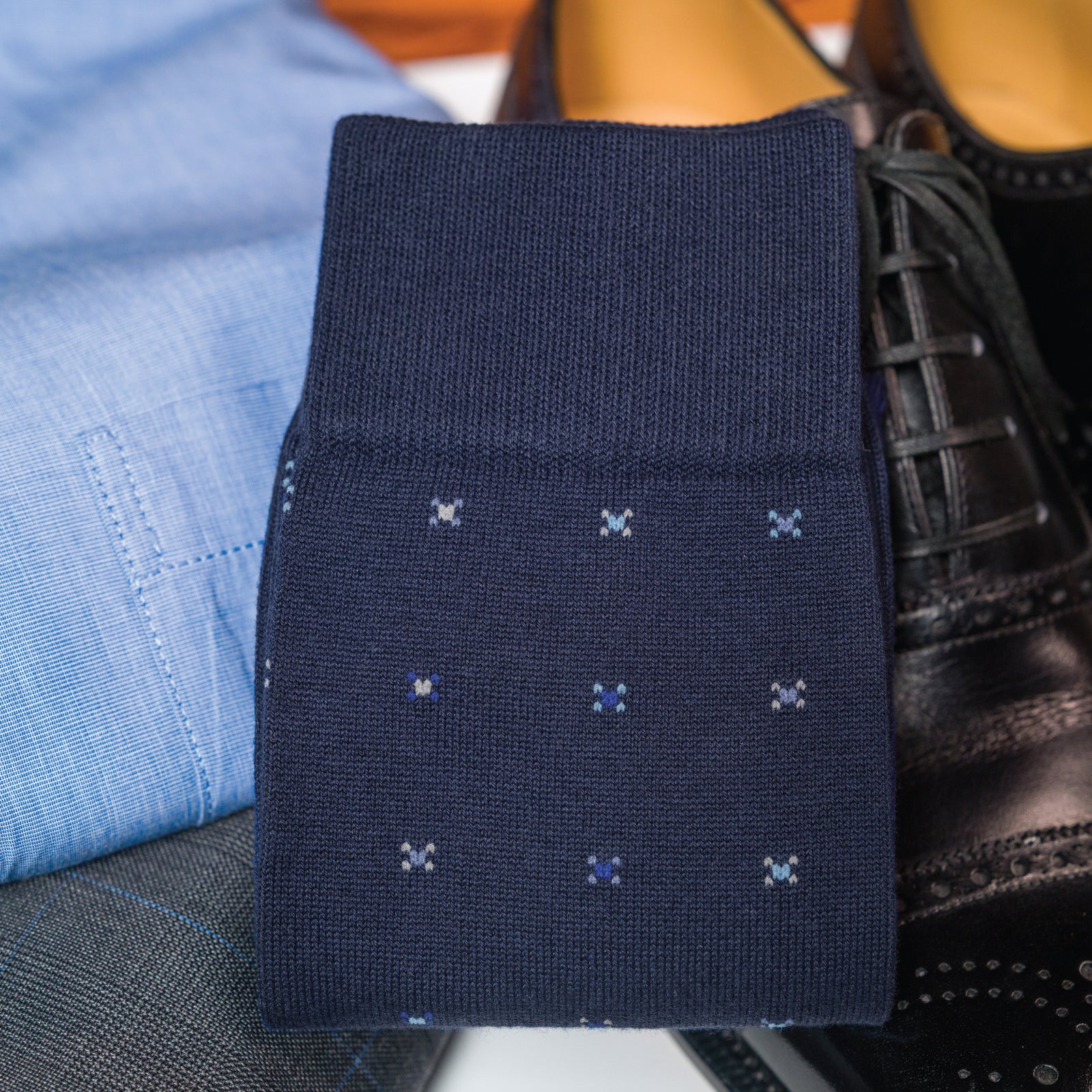 Navy Geometric Cotton Over the Calf Dress Socks