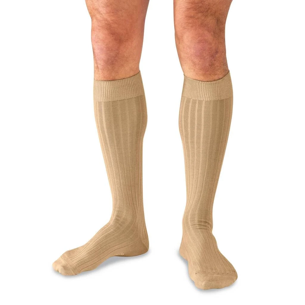 Male Model Wearing Khaki Over the Calf Dress Socks