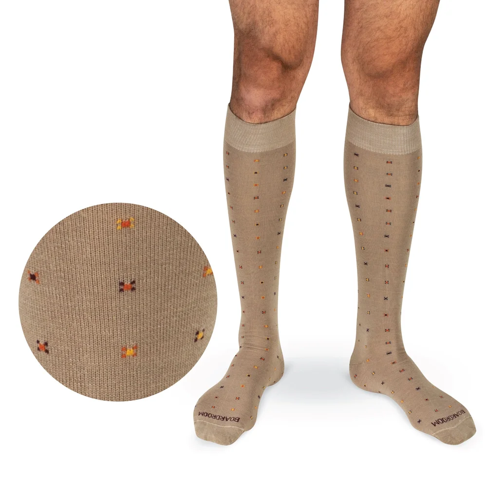 Khaki Geometric Merino Wool Over the Calf Dress Socks
