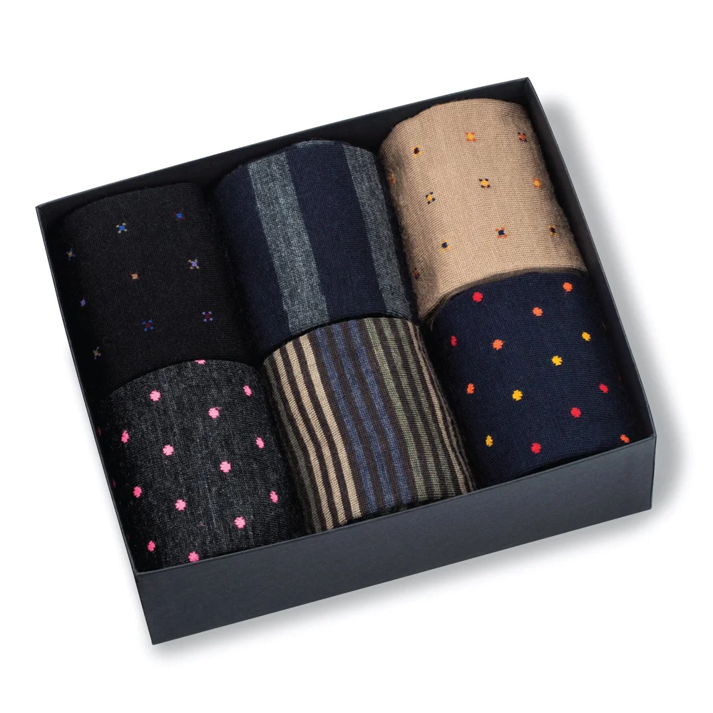 Merino Wool Mid-Calf Patterned Dress Socks - 6 Pair Gift Box