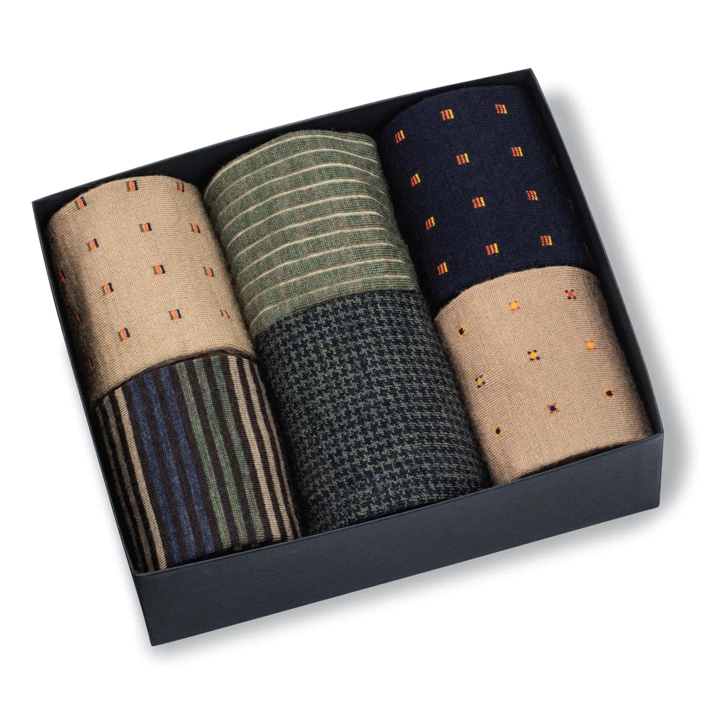 Merino Wool Mid-Calf Patterned Dress Socks - 6 Pair Gift Box, earthy palette