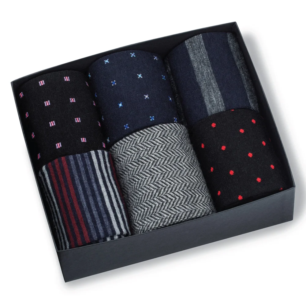 Merino Wool Mid-Calf Patterned Dress Socks - 6 Pair Gift Box, black navy and grey