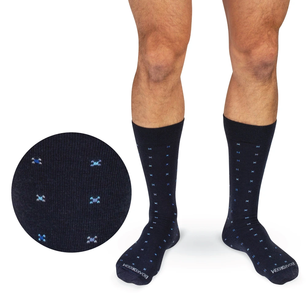 Navy Geometric Merino Wool Mid-Calf Dress Socks