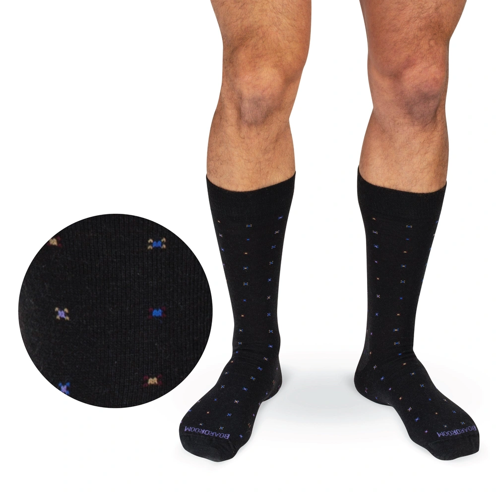 Black Geometric Merino Wool Mid-Calf Dress Socks