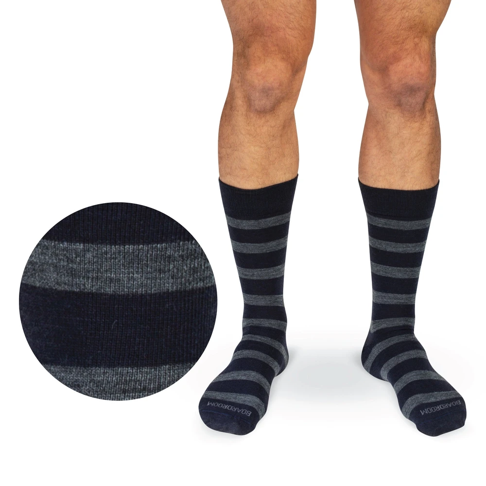 Grey Heather Stripes on Navy Merino Wool Mid-Calf Dress Socks