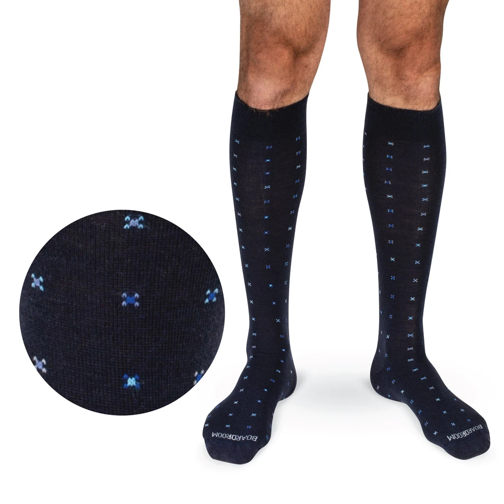 Navy Geometric Merino Wool Over the Calf Dress Socks