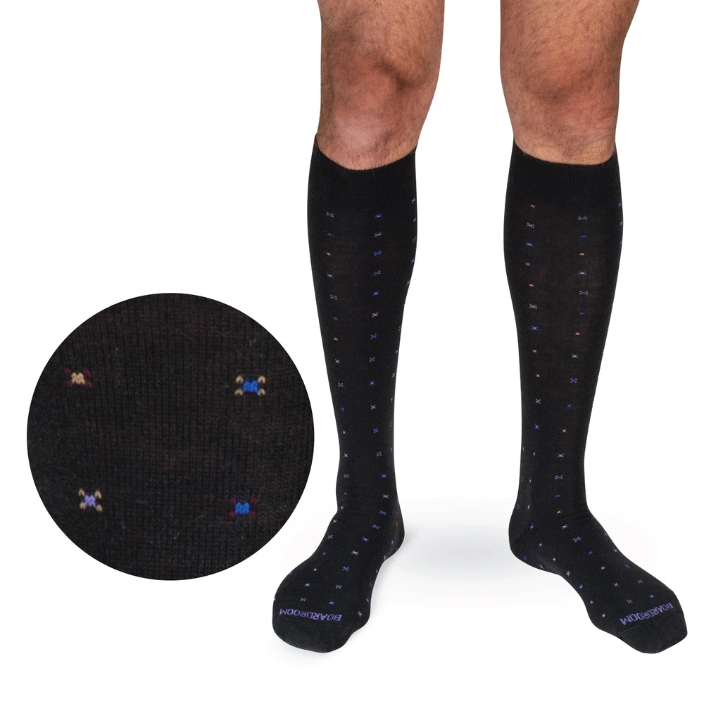 Black Geometric Merino Wool Over the Calf Dress Socks